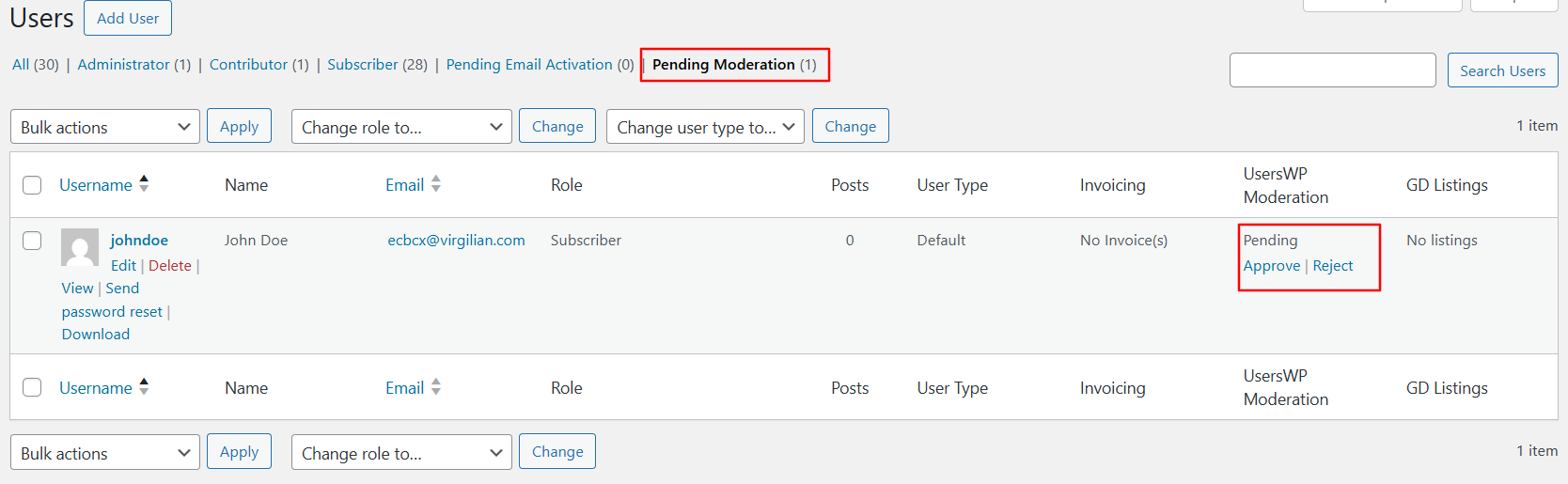 User Approval Settings Screen