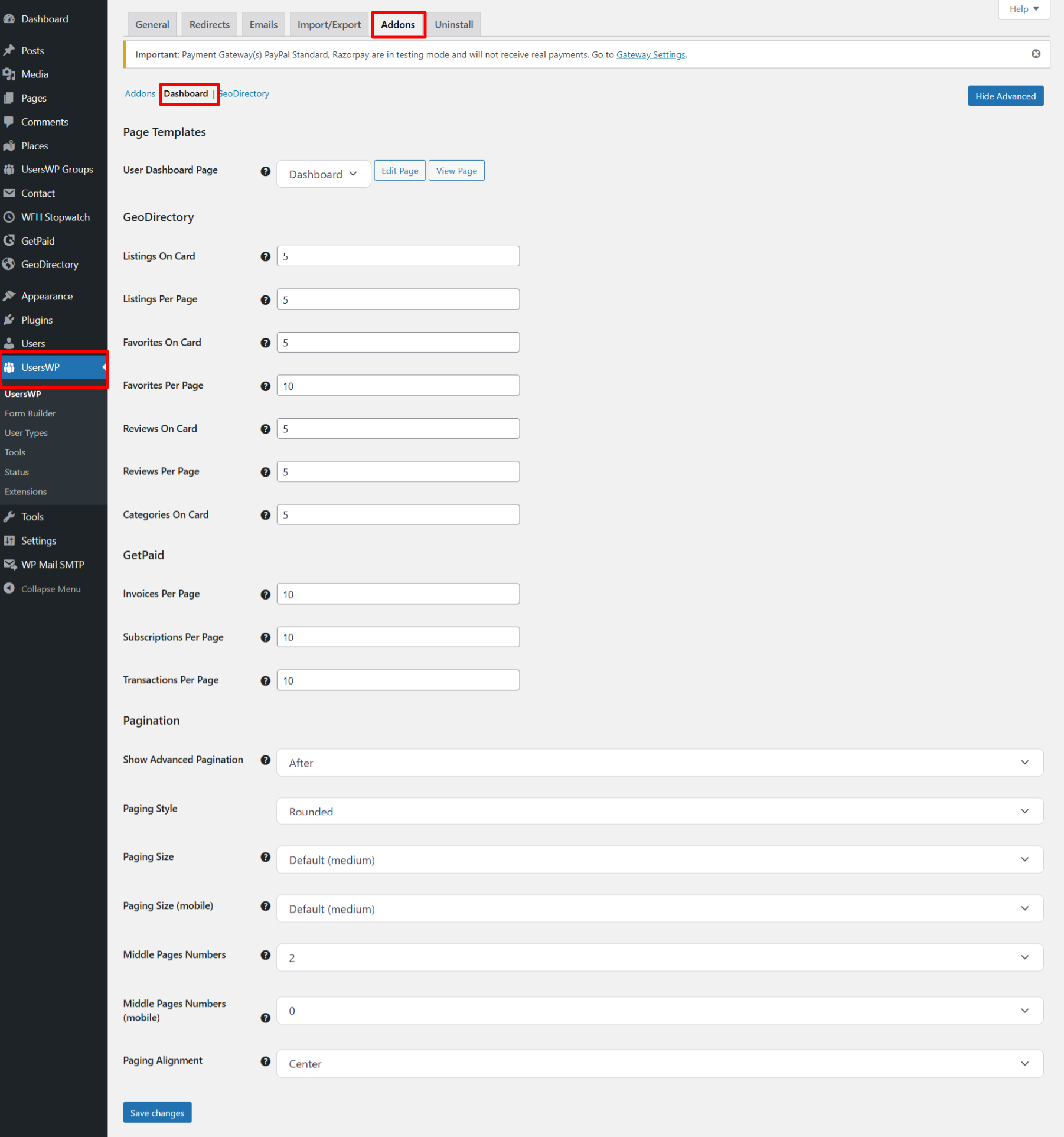 UsersWP Dashboard Settings Panel