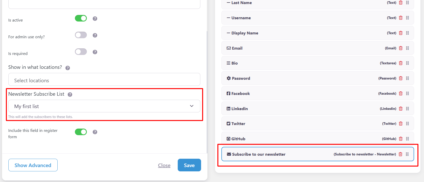 Newsletter Subscribe Field in UsersWP Form Builder