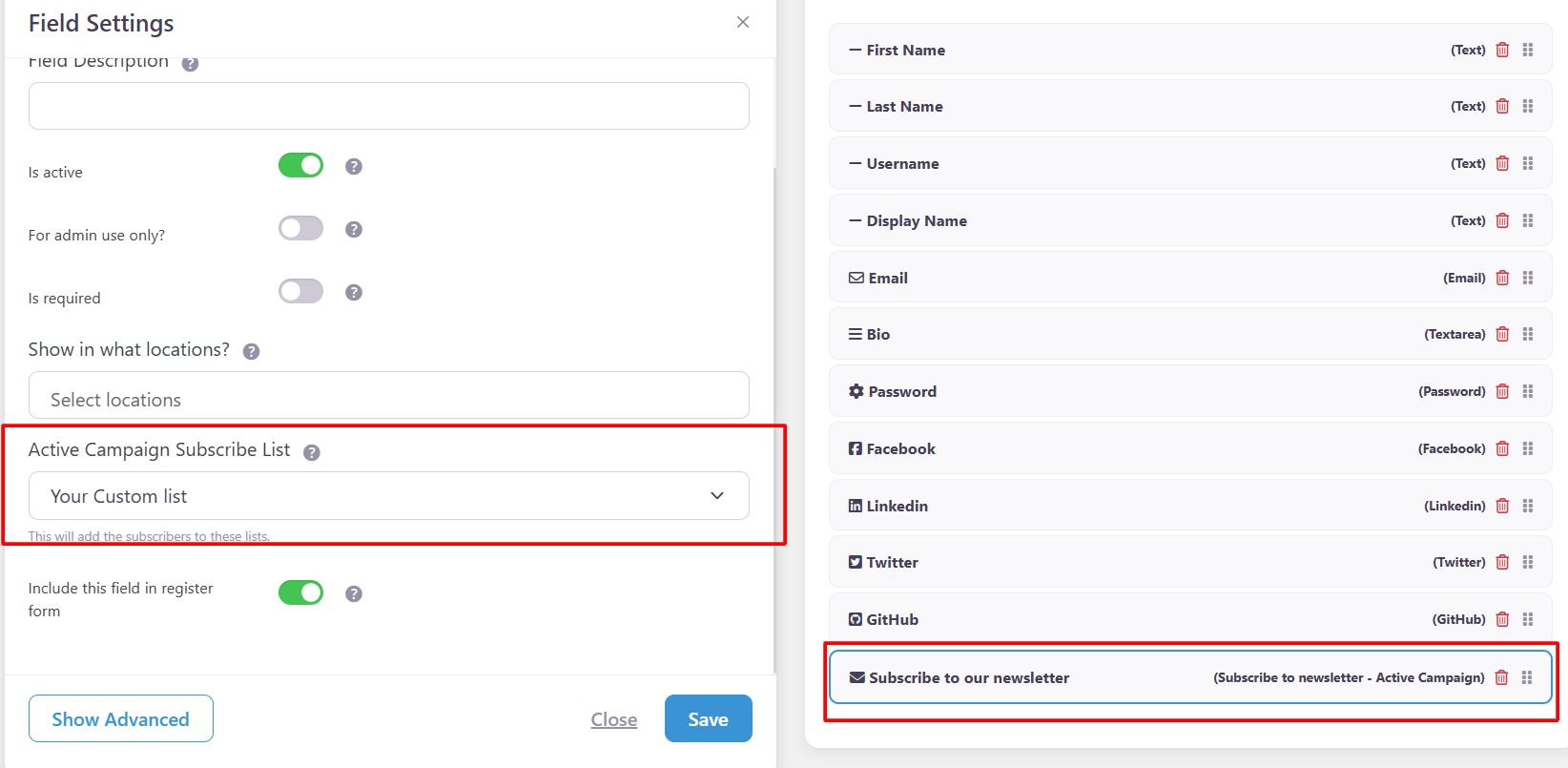 ActiveCampaign Subscribe Field in UsersWP Form Builder