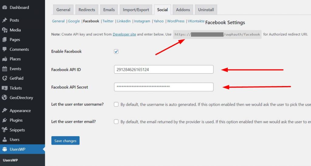 userswp settings facebook login