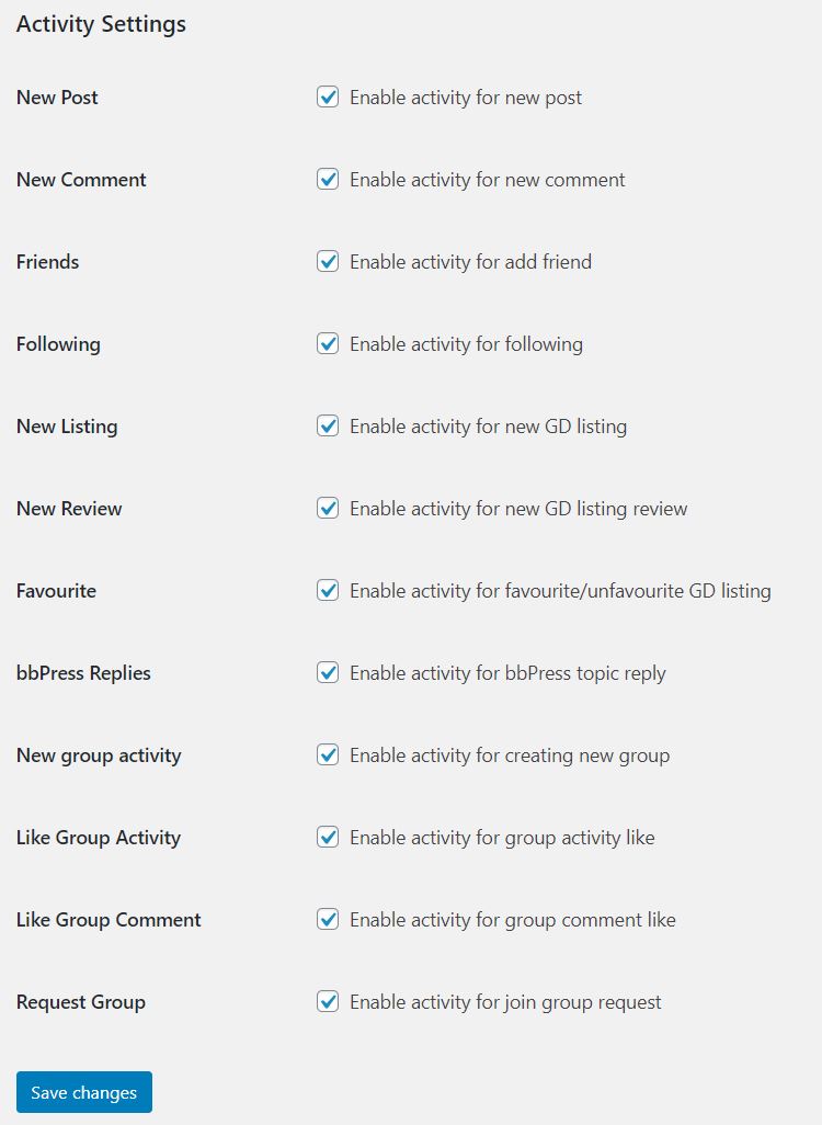 UsersWP activity settings