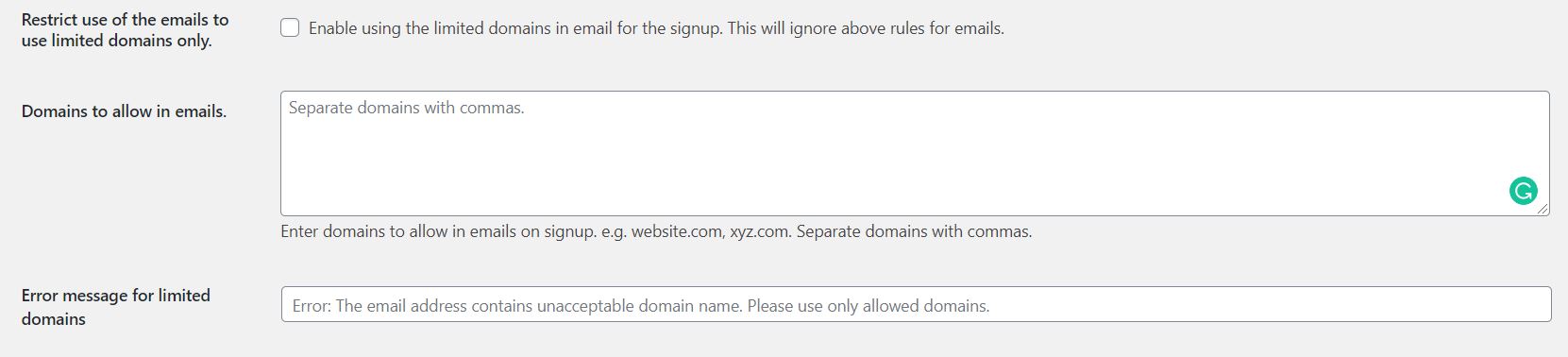 UsersWP restrict allowed domains