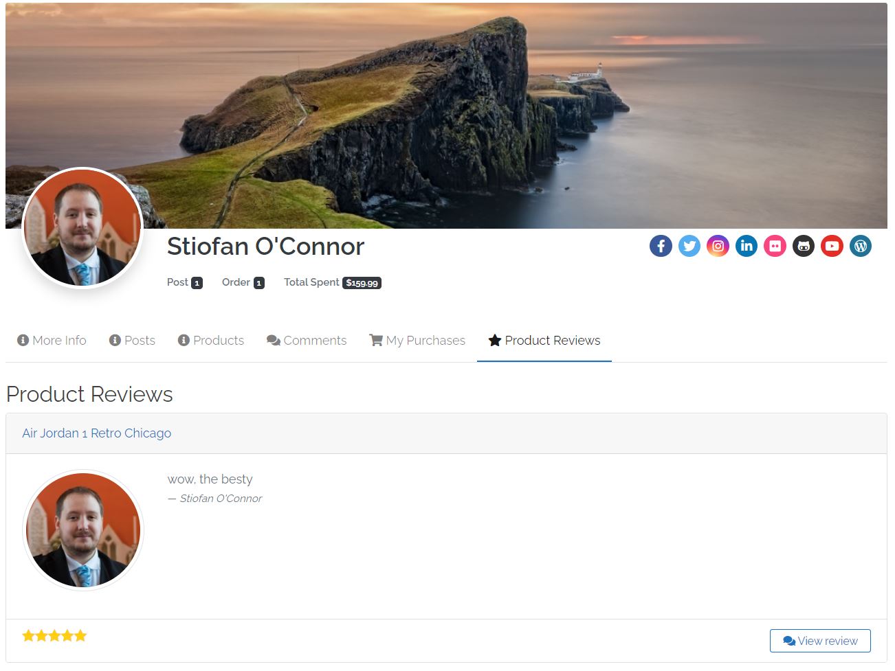 UsersWP WooCommerce product reviews in user profiles
